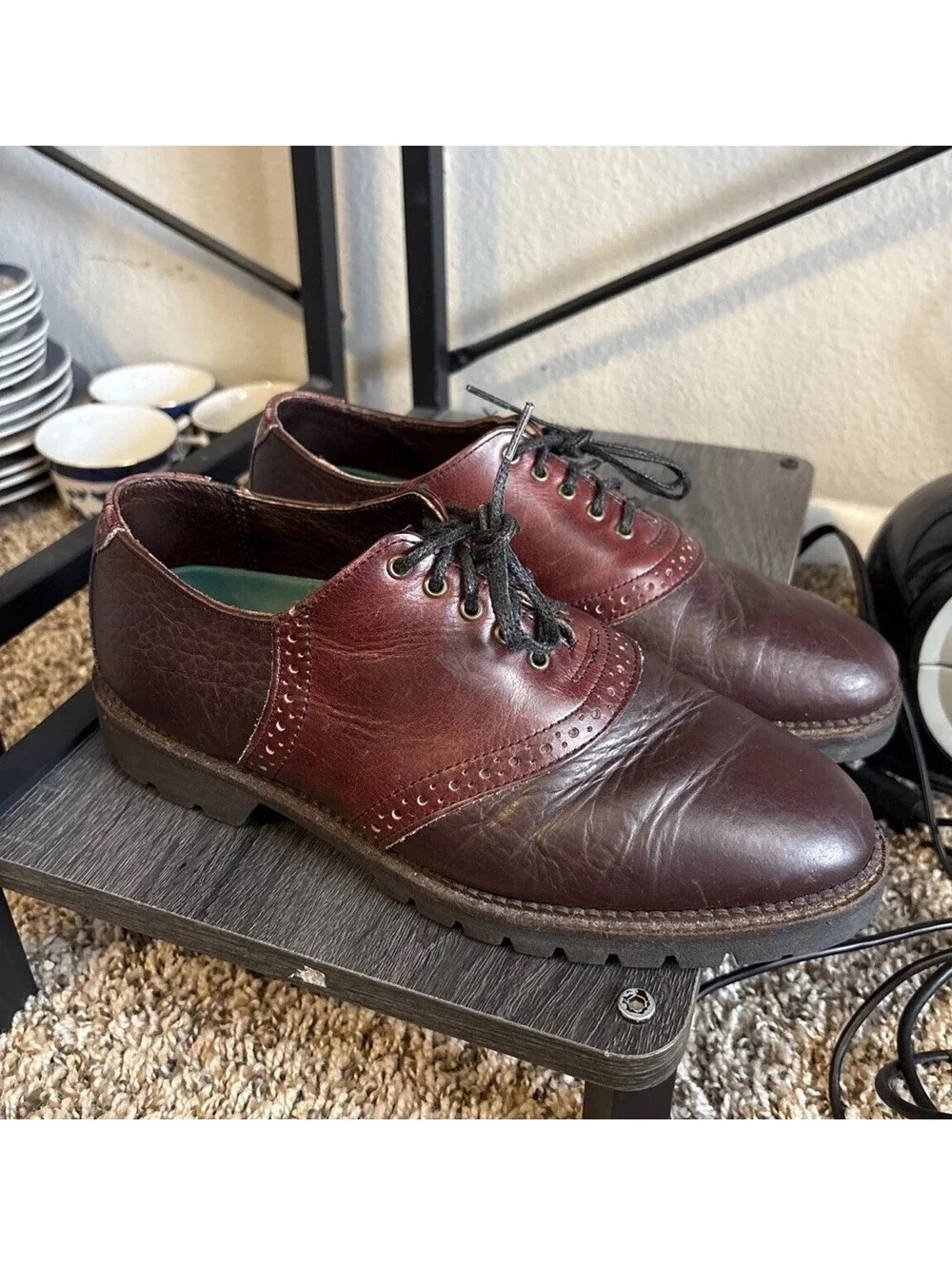 H.S. Trask Two-Tone Saddle Oxford Bison Leather Lug Sole 1035 Shoes Men's Size 8